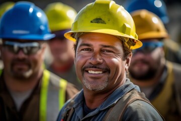 Portrait of happy male worker in hardhat smiling at camera in factory