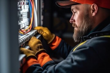 Portrait of a bearded electrician working in an electrical cabinet.