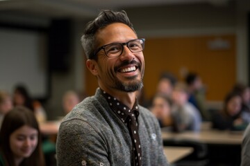 Obraz premium Portrait of handsome Indian man with eyeglasses at lecture hall
