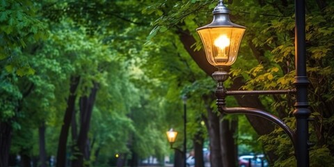 Streetlight in city park against green trees, modern energy - efficient lamp in retro style