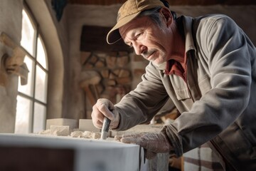 Portrait of senior carpenter working with wooden planks in workshop