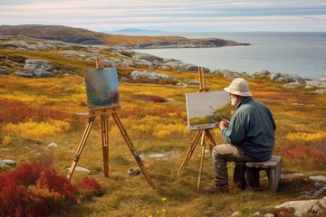 Artist sitting on bench and painting picture on canvas in autumn norway