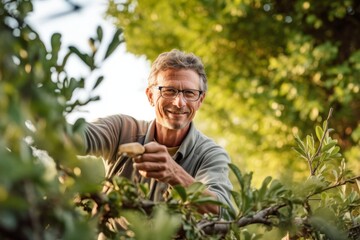 Naklejka na ściany i meble Portrait of senior man gardening in his garden on a sunny day