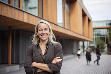 Portrait of smiling businesswoman with arms crossed standing outside office building