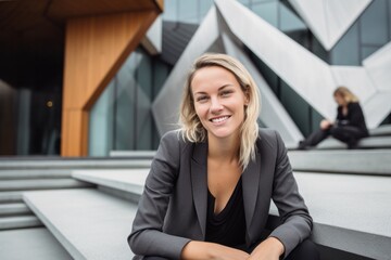 Group portrait photography of a female architect smiling in front of a contemporary architecture building 