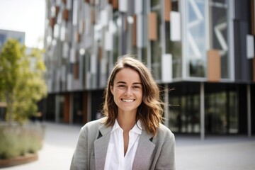 Portrait of a smiling businesswoman standing outside a modern office building