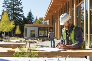 Architect Working On Blueprint In Front Of New House On Construction Site