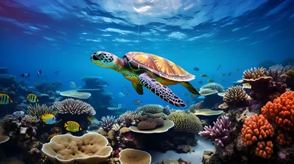 Tafelkleed turtle with group of colorful fish and sea animals with colorful coral underwater in ocean © SejutaCahaya