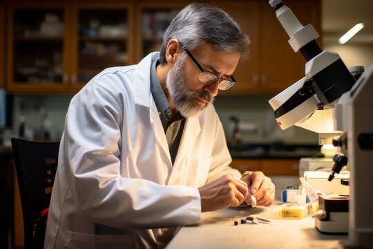 Senior male researcher carrying out scientific research in a lab (shallow DOF; color toned image)