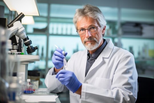 Senior male researcher carrying out scientific research in a lab (shallow DOF; color toned image)