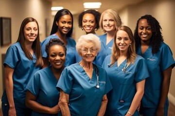 portrait of smiling nurse team standing in hospital corridor with senior patient