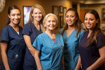Portrait of a smiling nurse and her colleagues standing in a hospital