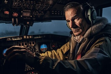 Group portrait photography of a seasoned pilot navigating through stormy weather with unwavering focus 