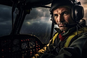 Fototapeta premium Portrait of a pilot in the cockpit of a helicopter in the rain.