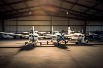 Vintage airplane in the hangar of an old military airfield.