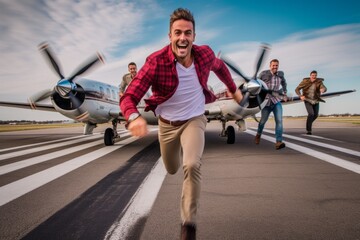 Portrait of a happy young man running with his friends in front of airplane