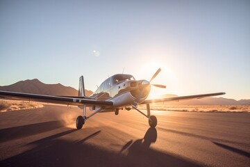 Small airplane in the middle of the desert at sunset. Adventure and travel concept.