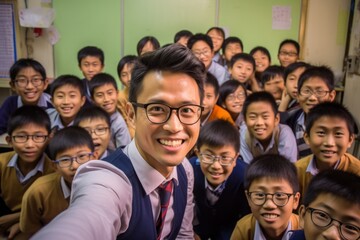 Fototapeta premium Group of asian students taking selfie with teacher in the classroom.