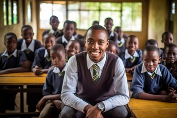Portrait of a smiling schoolboy sitting in a classroom at school