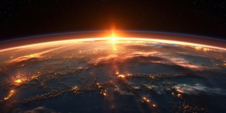 Sunrise over earth as seen from space. With stars background.
