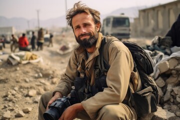 Fototapeta premium Handsome bearded man with a camera in his hand sitting on the ground.