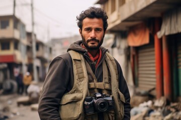 Fototapeta premium Handsome bearded man with camera in the city. Travel photo