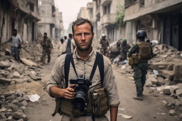 Group portrait photography of an intrepid journalist reporting from a conflict zone 