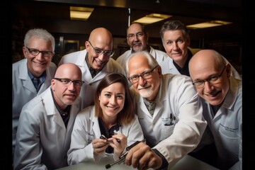 Group portrait photography of an innovative scientist presenting a groundbreaking discovery 