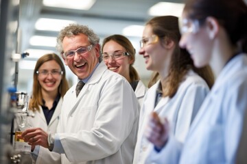 Fototapeta premium Group of medical students carrying out experiments in a chemistry lab (color toned image; shallow DOF)