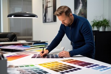 Group portrait photography of a skilled graphic designer creating a vibrant brand logo 