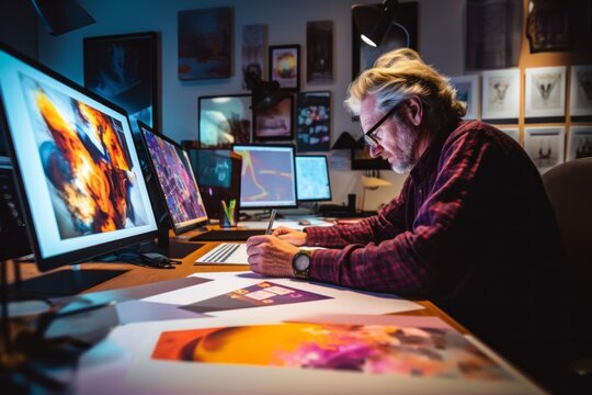 Group portrait photography of a skilled graphic designer creating a vibrant brand logo 