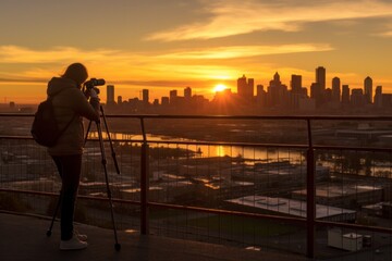 Silhouette of photographer taking picture of cityscape at sunset.