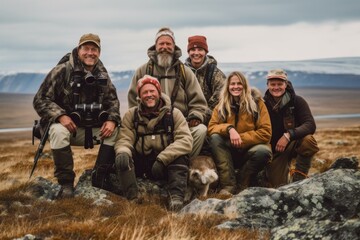 Group portrait photography of an adventurous photographer documenting wildlife in a remote location  - obrazy, fototapety, plakaty