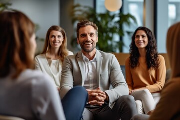 Portrait of group of business people sitting in circle and smiling at camera.
