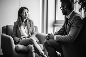 Psychotherapist working with patient in office. Black and white.