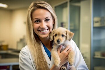 Happy veterinarian at work. Pet care. Enjoyable service.