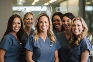 Portrait of smiling female dentists standing in dental office with arms crossed