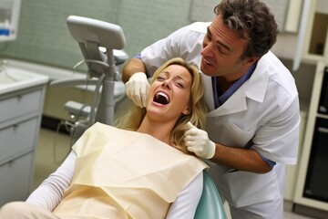 Male dentist working on teeth of young woman patient in dental office.