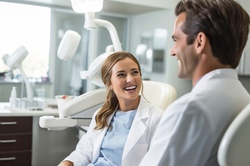 Fototapeta premium Portrait of happy female dentist talking to patient in dental chair at clinic