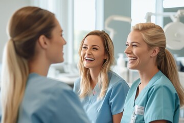 Fototapeta premium beautiful young female dentists looking at each other in dental clinic