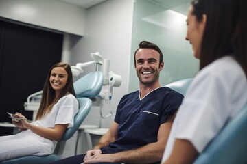 Obraz premium Smiling dentist and patient looking at each other while sitting in dental office
