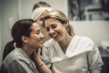 Portrait of happy young female dentist and patient in dental office.