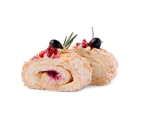 Slices of tasty meringue roll with jam, pomegranate seeds and rosemary isolated on white