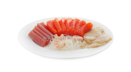 Tasty sashimi set (raw tuna, slices of salmon, shrimp and oily fish) served with funchosa isolated on white