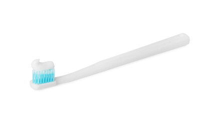 Plastic toothbrush with paste on white background