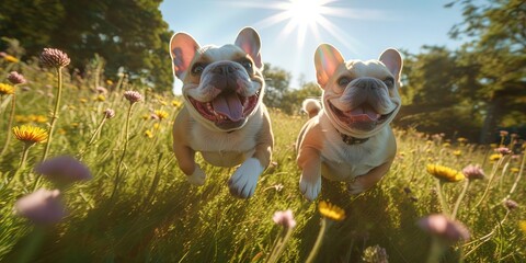 Two French bulldogs frolicking in a grassy field during day sunny.