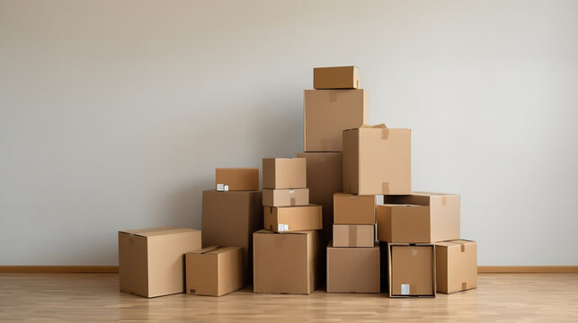 Cajas de cart&oacute;n de mudanza sobre fondo blanco y suelo de madera.