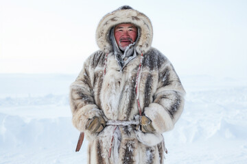 Portrait if an Inuit man in winter. - obrazy, fototapety, plakaty