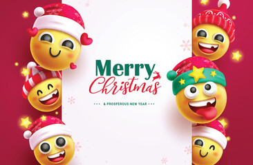 Fototapeta premium Merry christmas text vector template design. Christmas emojis characters wearing santa hat in happy, funny and naughty facial expression. Vector illustration holiday greeting card background. 