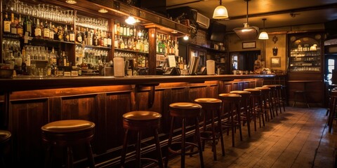 Vintage bar interior design with a row of wooden bar tables and stools.